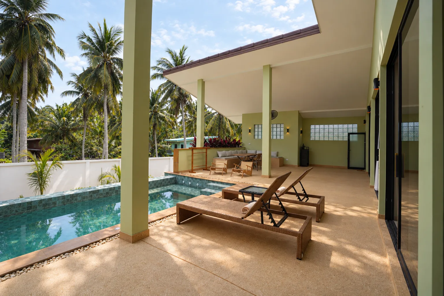 Pool terrace surrounded by coconut palms